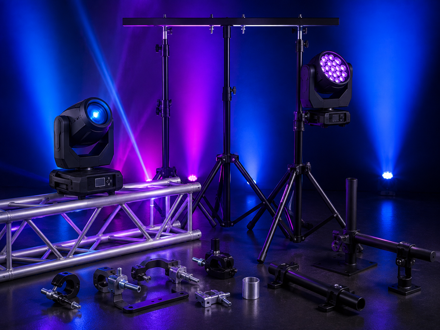 Truss, trípodes y soportes para montaje seguro de iluminación de eventos