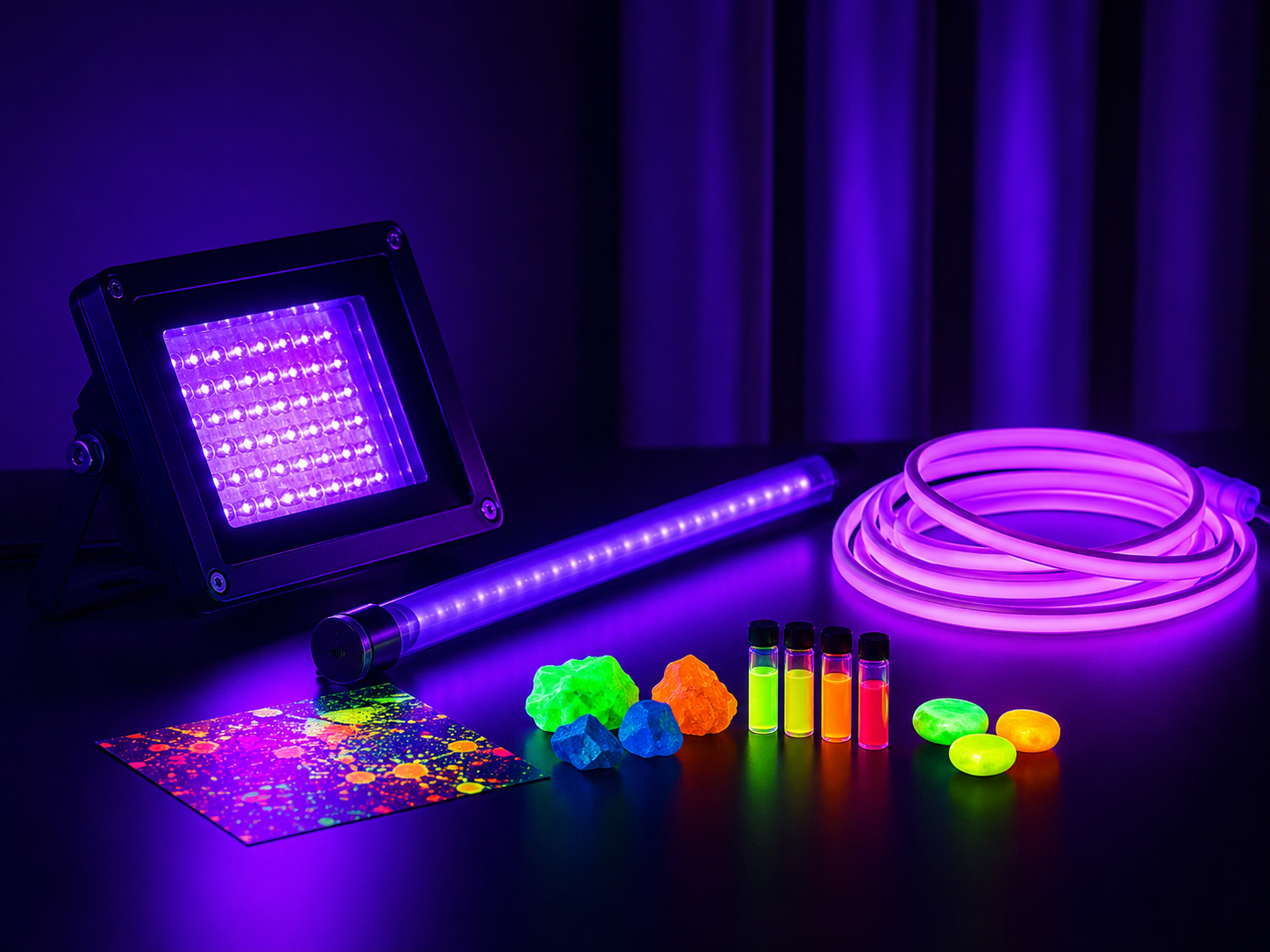 Reflector UV, tubo LED y tira de neón junto a elementos fluorescentes