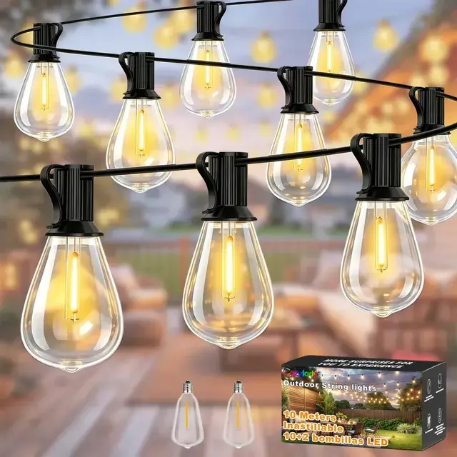 Guirnalda LED Exterior 10 M, 10 Ampolletas Luz Amarilla, Resistente al Agua