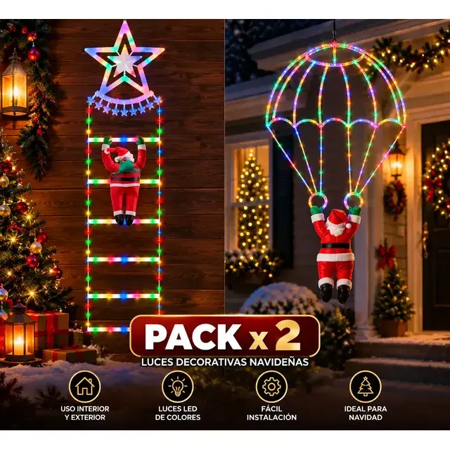 Pack 2 Luces Navidad LED Viejo Pascuero Escalera + Paracaída Multicolor